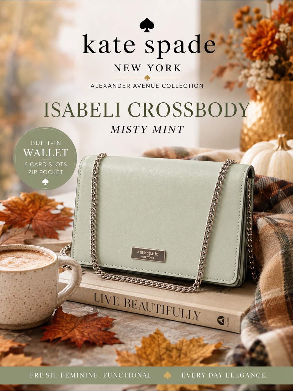 kate spade Misty Mint Isabela Crossbody Bag - Clutch with Built-in Wallet. NWT